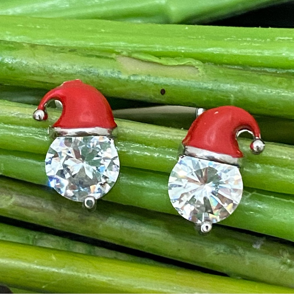 Adorable Enamel Santa Claus Hat Clear CZ Rhinestones Stud Earrings